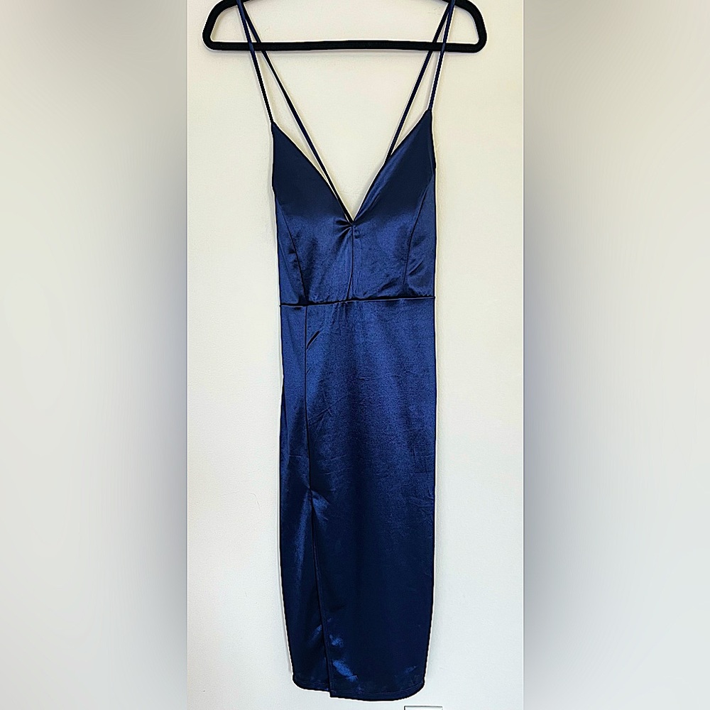 Satin mini dress with split and tie up back